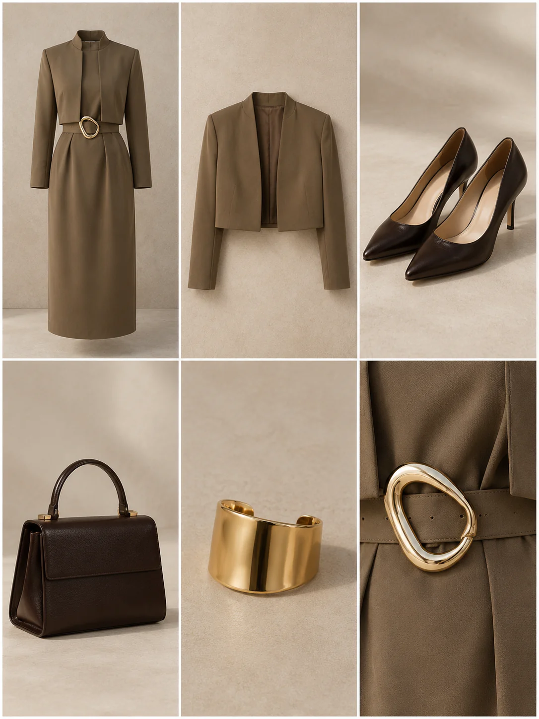 Outfit grid showing a high-collar midi dress, jacket, heels, bag, belt, and gold cuff.