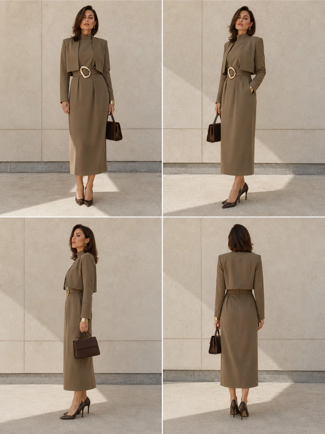 Contact sheet showing the same high-collar midi outfit from front, 3/4, side, and back.