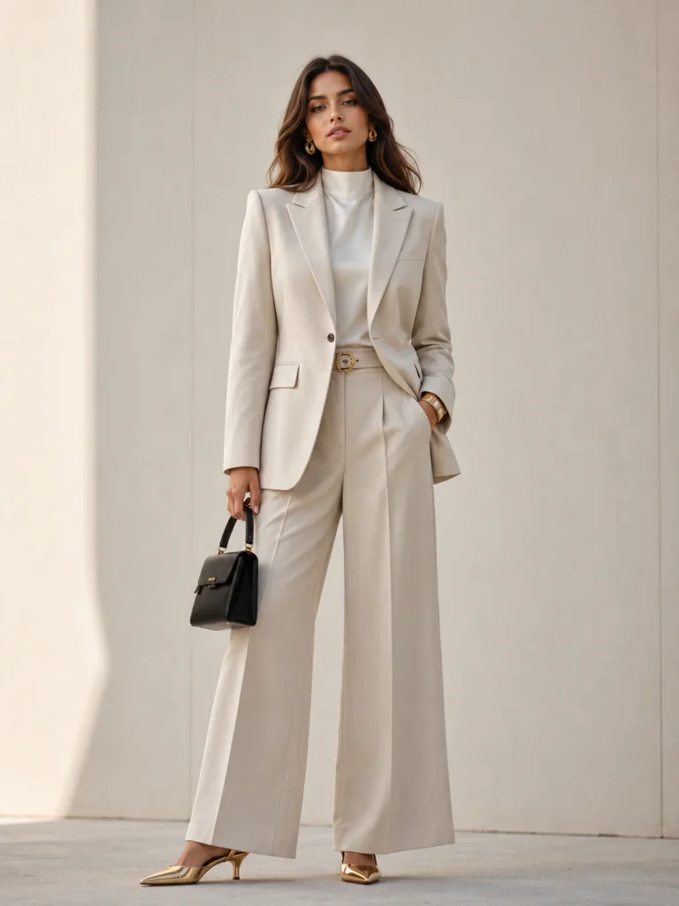 Full-body woman in a wide-leg suit set with gold accents and a structured bag
