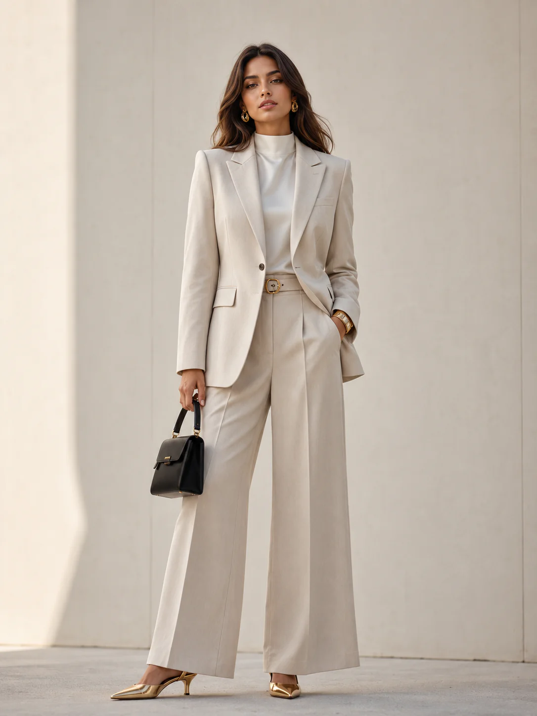 Full-body woman in a wide-leg suit set with gold accents and a structured bag