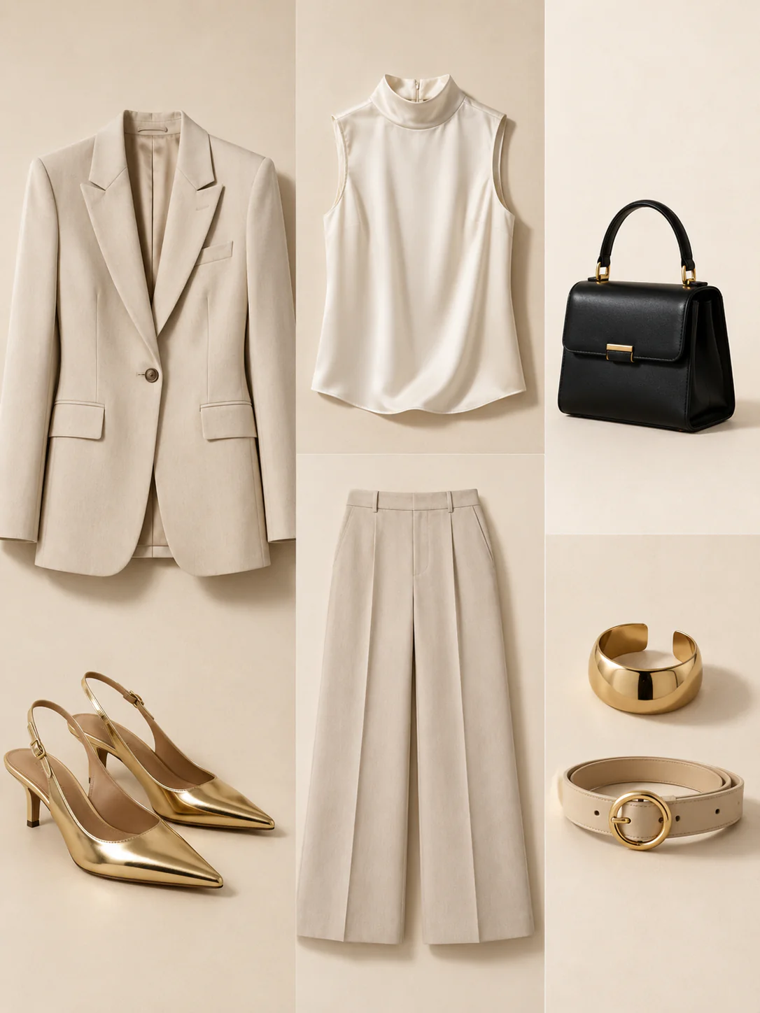 Vertical outfit grid showing blazer, trousers, heels, bag, belt, and gold cuff.