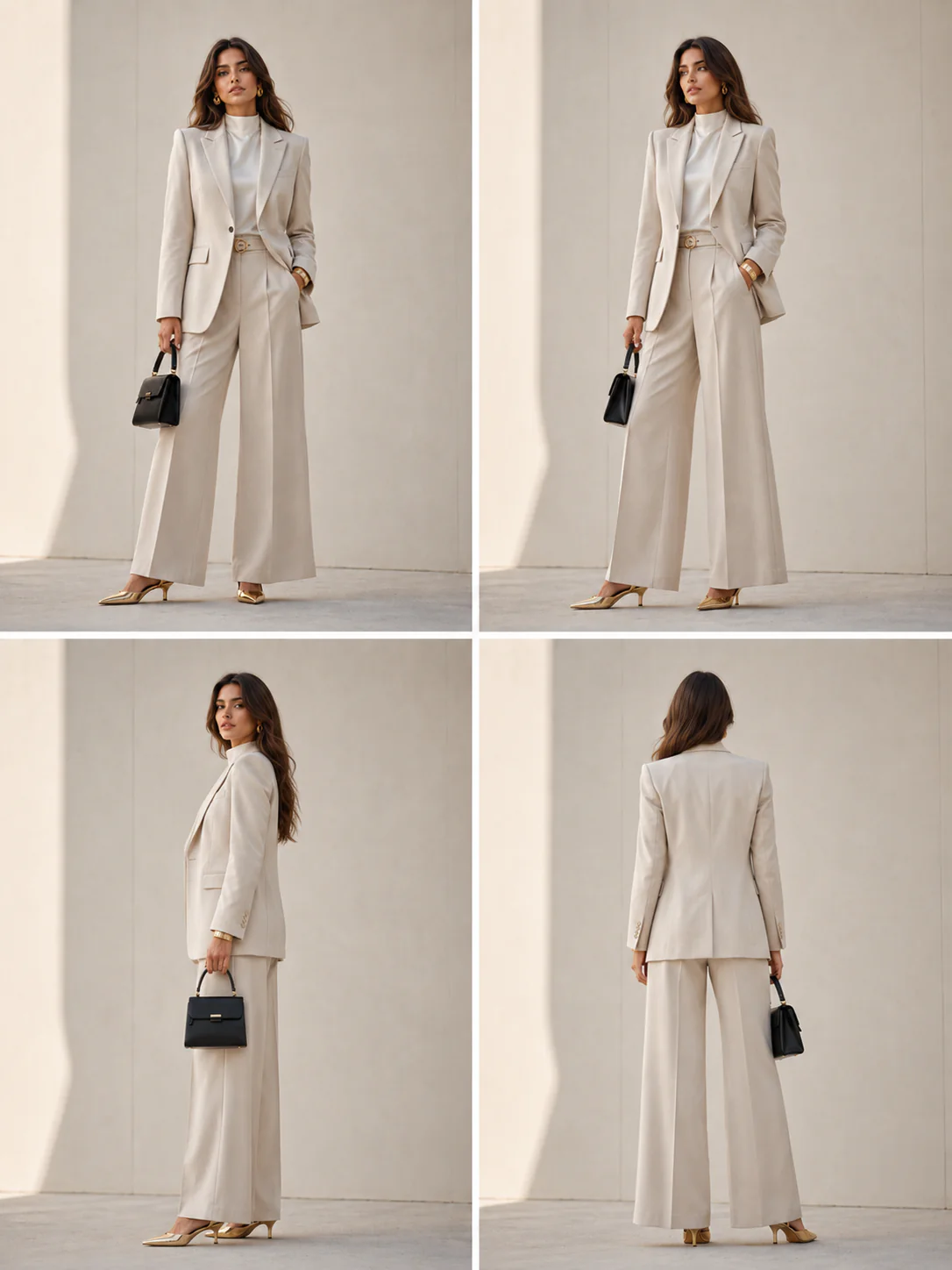 2x2 contact sheet of the same woman wearing a wide-leg suit set from four angles.