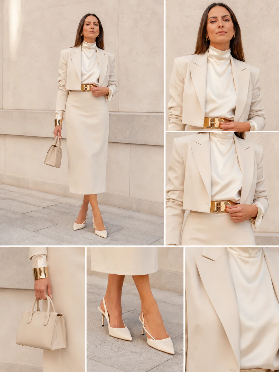 Outfit grid showing blouse, skirt, blazer, heels, bag, belt, and gold cuff.