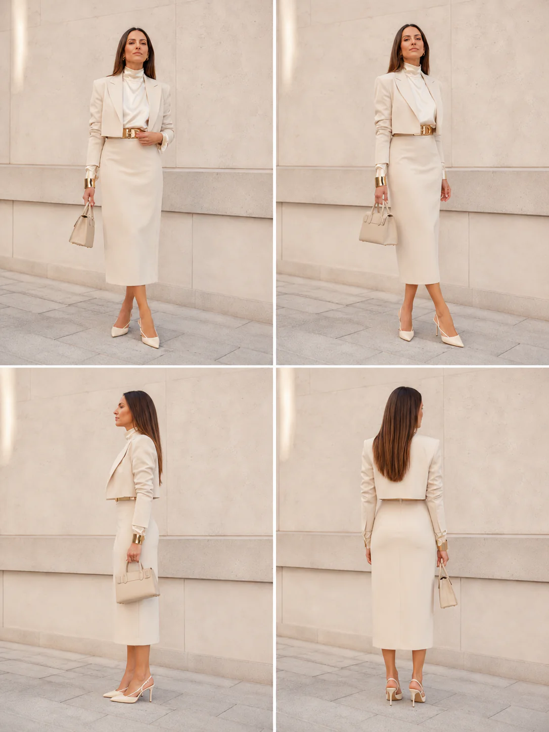 Four-panel contact sheet showing the outfit from front, side, back, and three-quarter views.