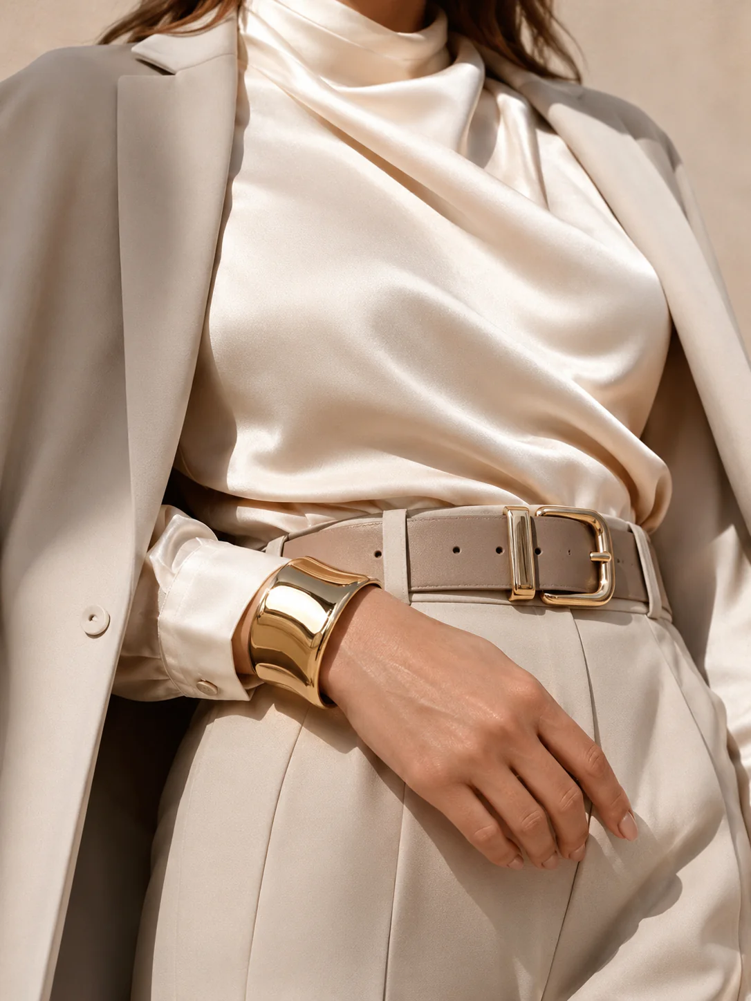 Macro shot of a gold cuff, belt buckle, and satin fabric texture.