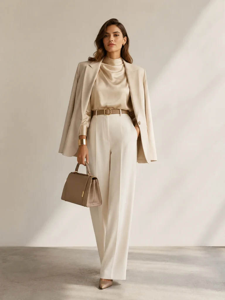 Full-body woman in a high-neck satin top and fluid trousers with gold accents in a clean studio setting.
