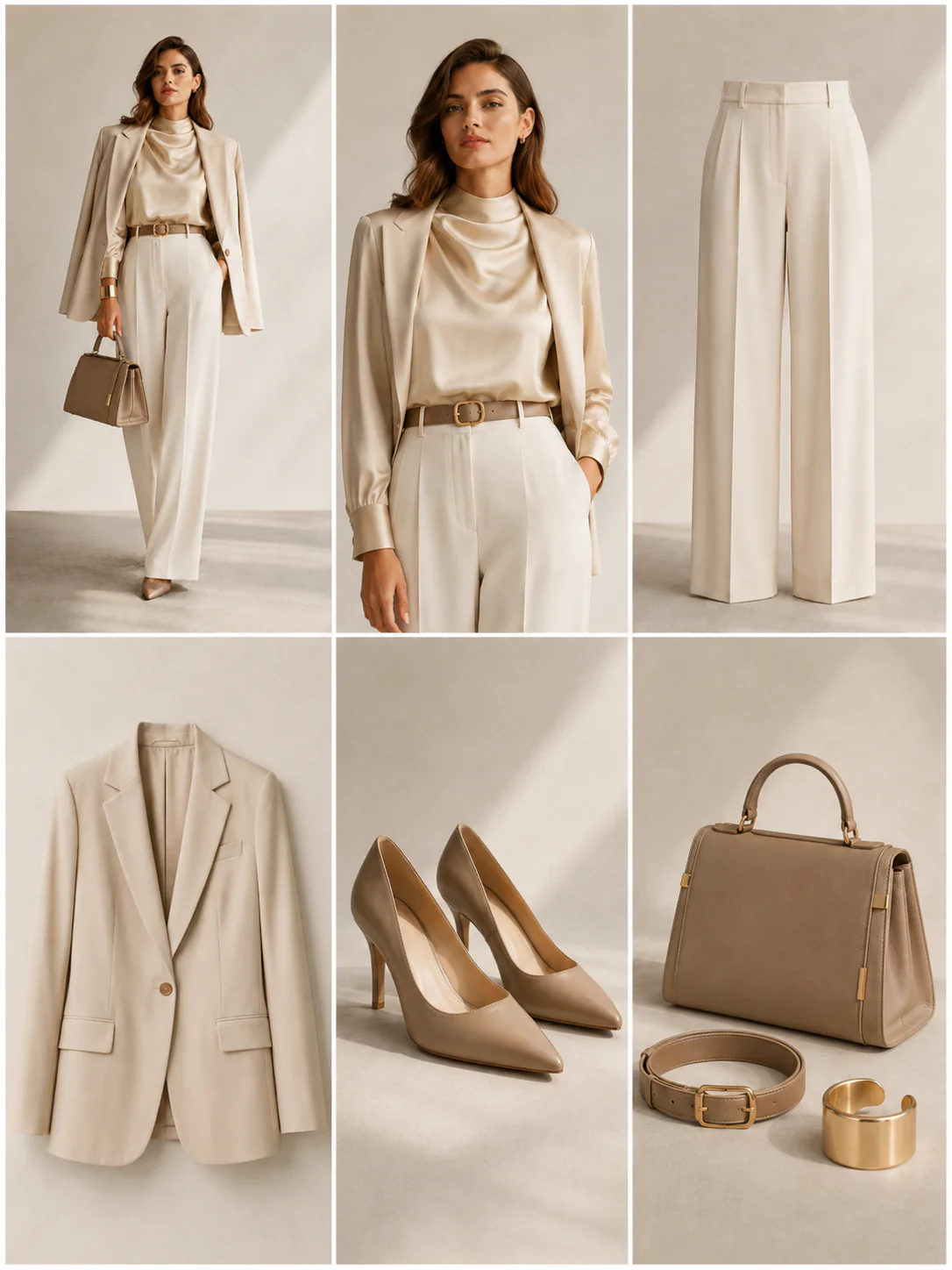 Outfit grid showing a satin top, tailored trousers, blazer, heels, bag, belt, and gold cuff.