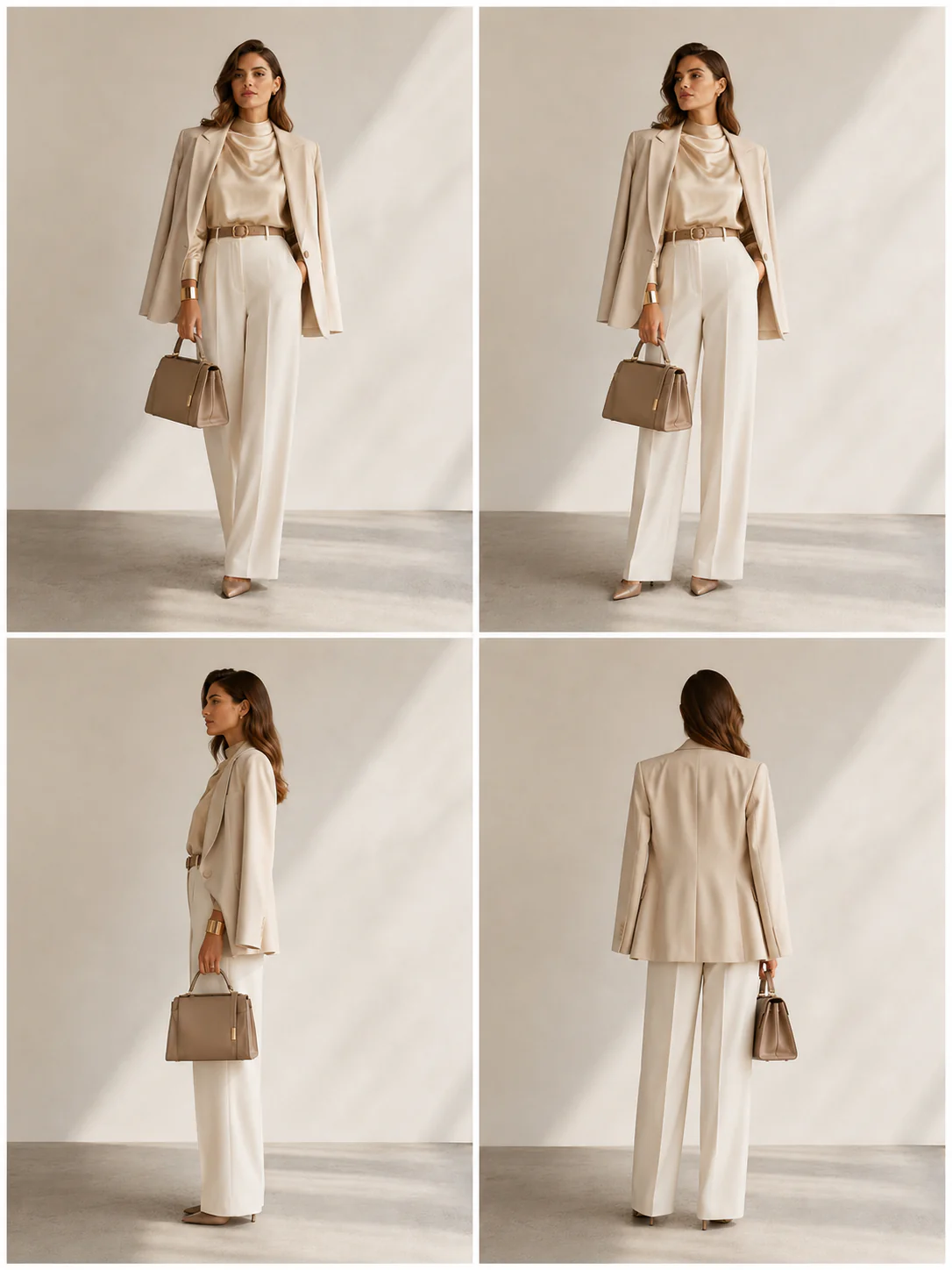 Contact sheet with front, side, and back views of the same satin top and tailored trouser outfit.