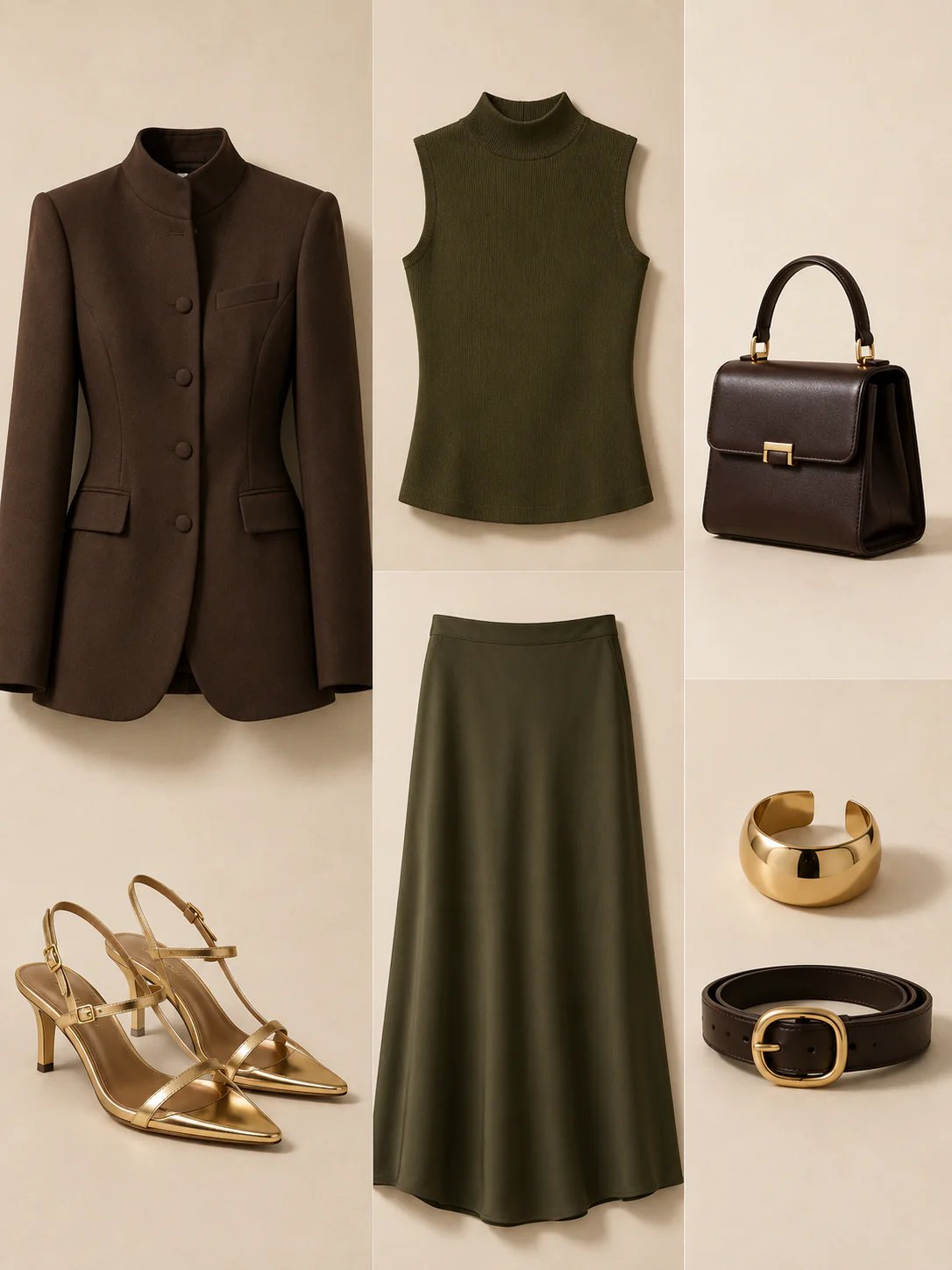 Outfit grid with jacket, high-neck top, midi skirt, sandals, bag, belt, and gold cuff