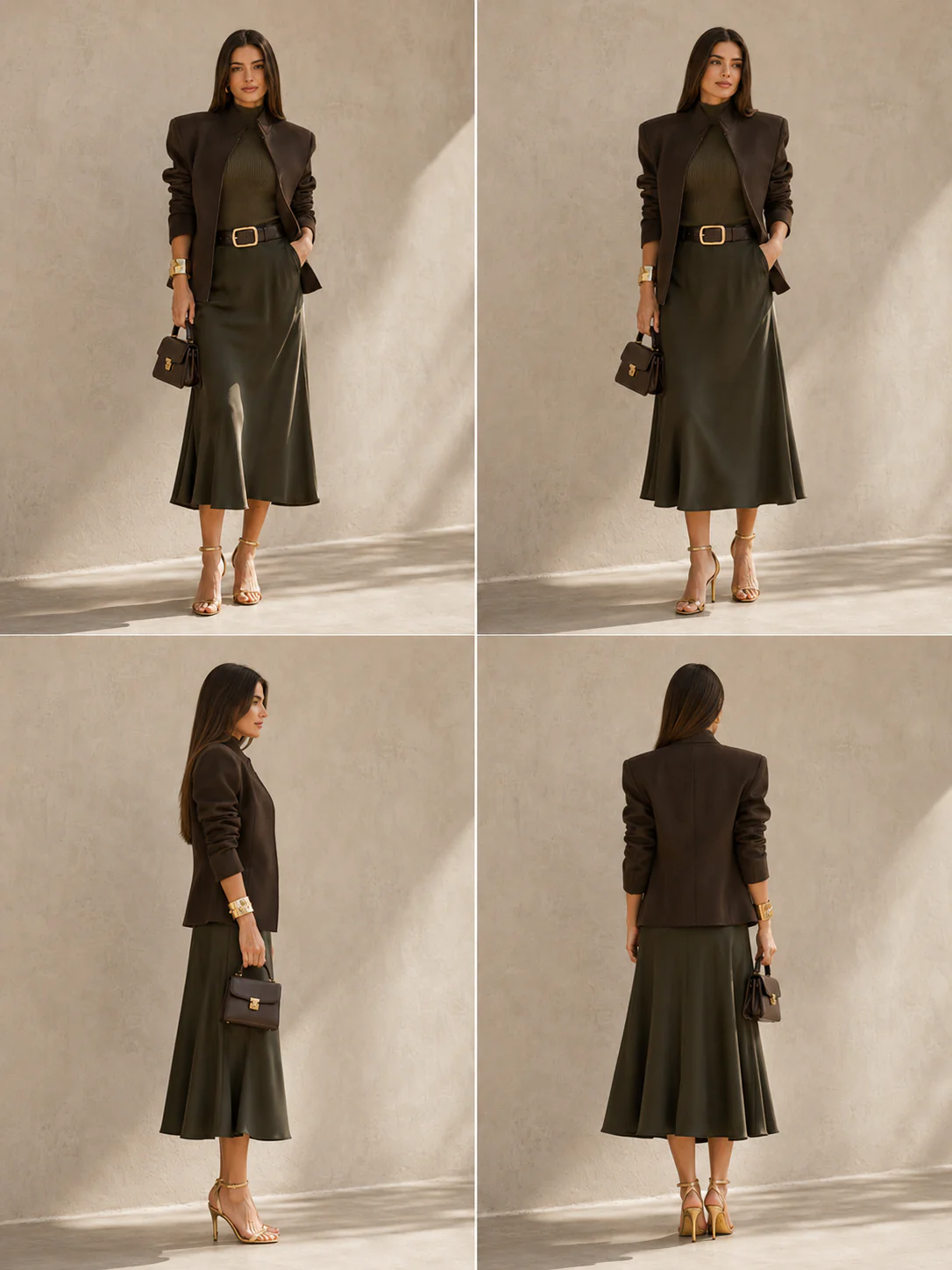 Contact sheet showing the outfit from front, side, three-quarter, and back views
