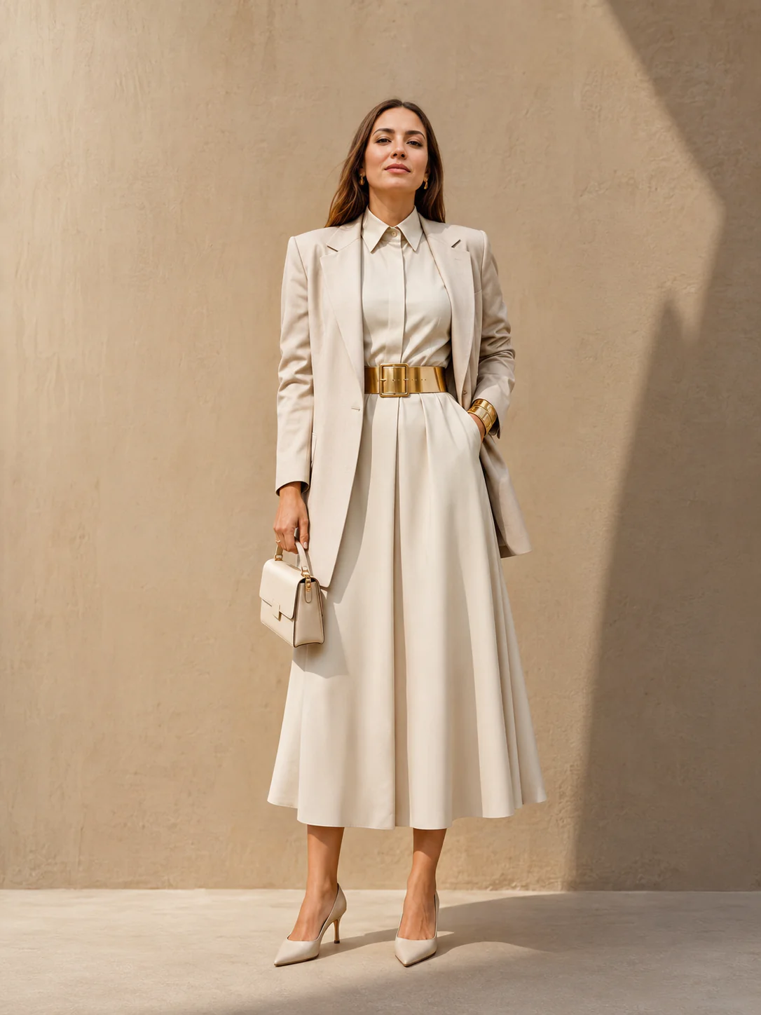Full-body woman in a sculpted shirt dress with belt, blazer, and gold cuff.