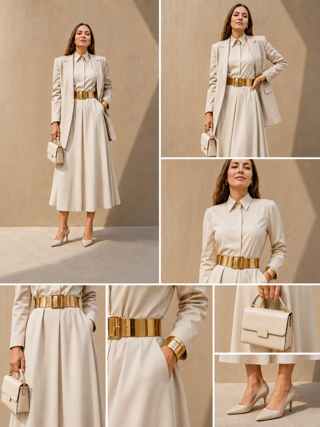 Outfit grid showing the shirt dress, blazer, heels, bag, belt, and gold cuff.
