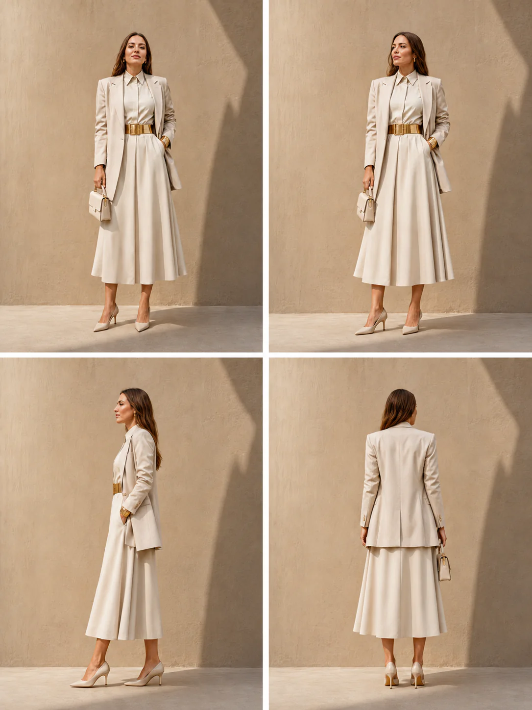 2x2 contact sheet showing front, three-quarter, side, and back views of the same outfit.