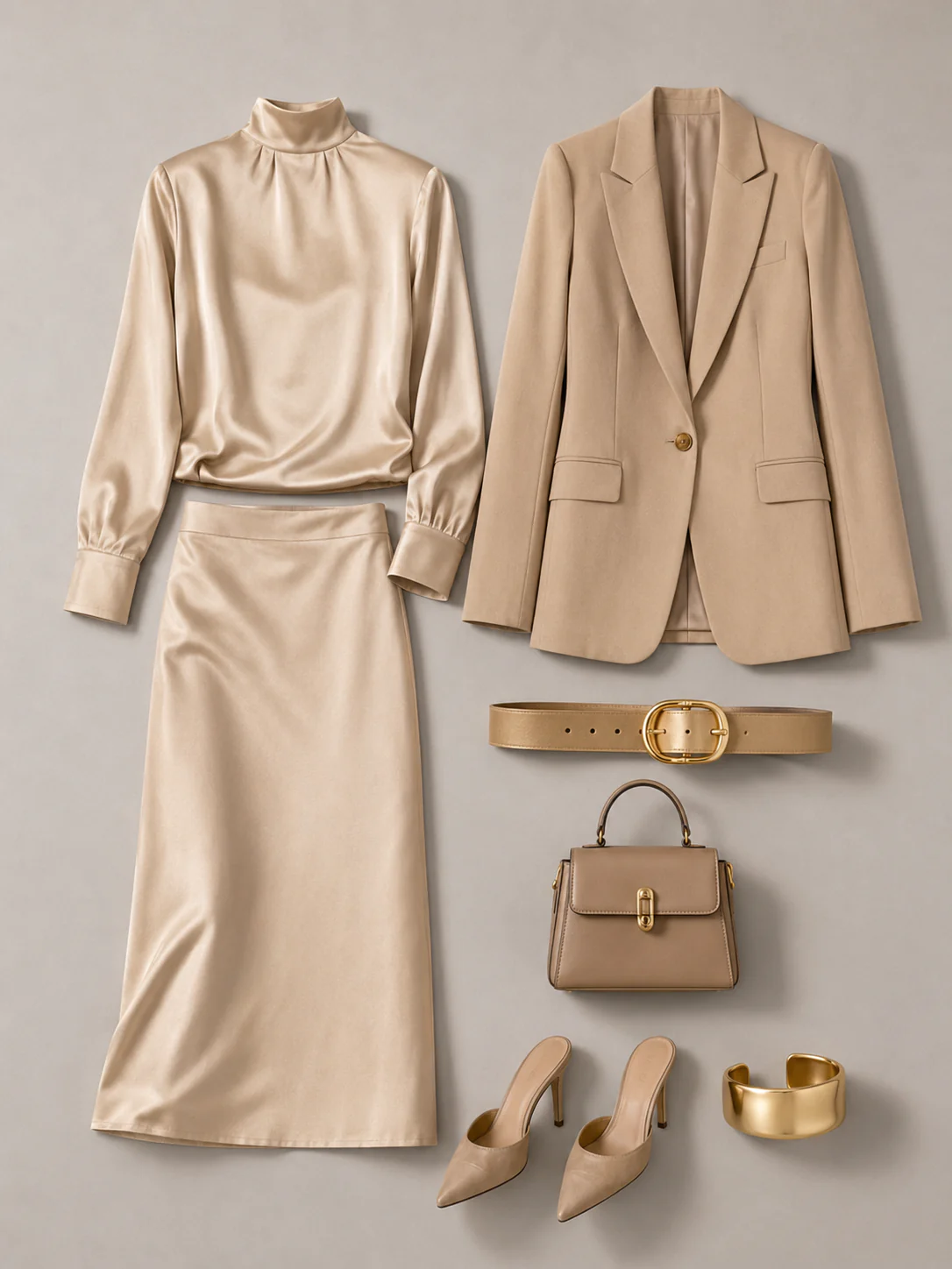 Outfit grid showing a satin top, midi skirt, blazer, gold belt, heels, and bag.