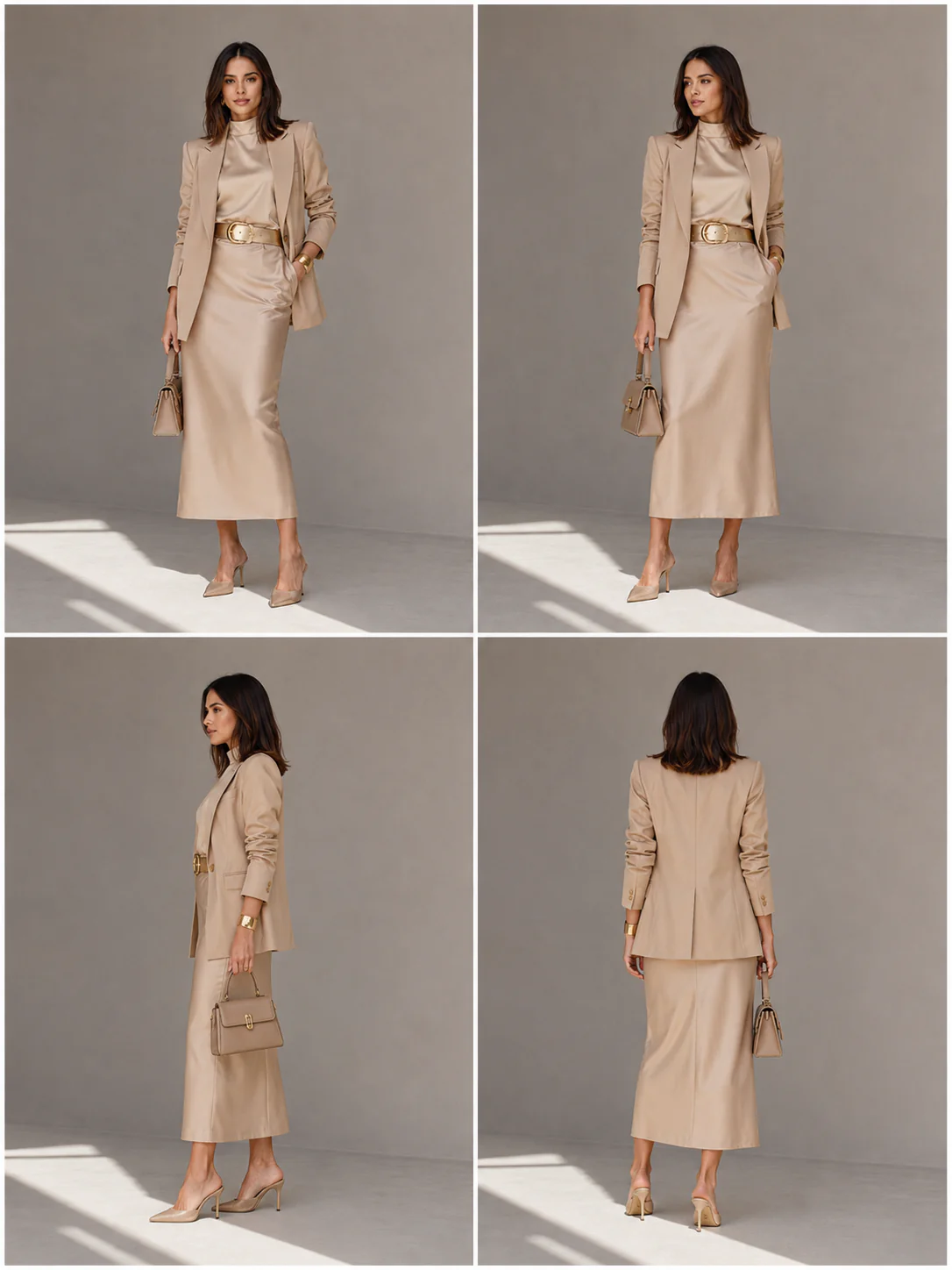 Four-panel contact sheet showing the same satin set from front, side, back, and three-quarter views.