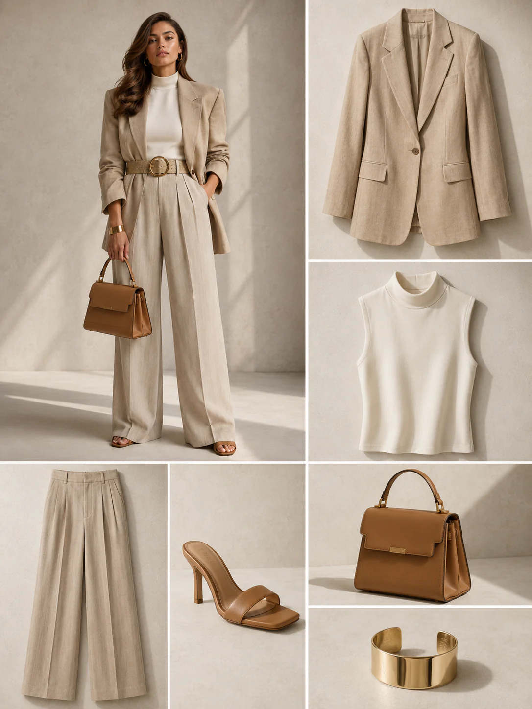 Vertical outfit grid of a linen blazer, high-neck top, wide-leg trousers, sandals, bag, and gold cuff.