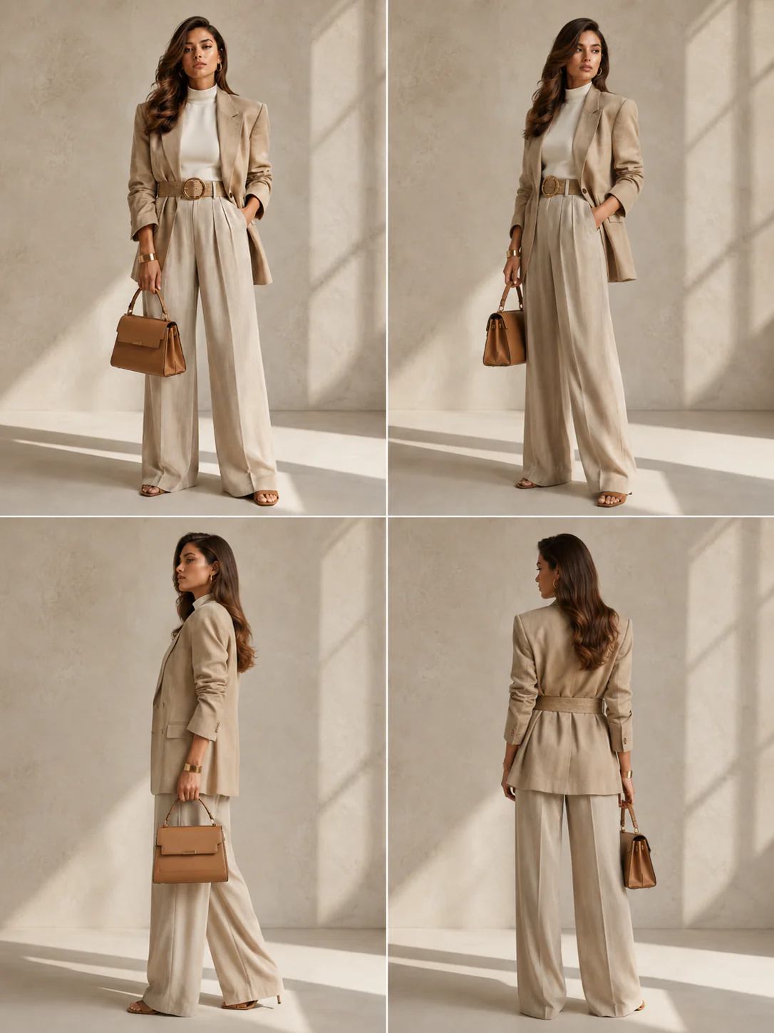 2x2 contact sheet showing front, angled, side, and back views of the linen blazer outfit.